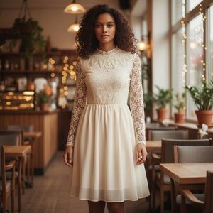 Vintage 60s Cathy Sue Ivory Beaded Floral Lace Long Sleeve A Line Dress.